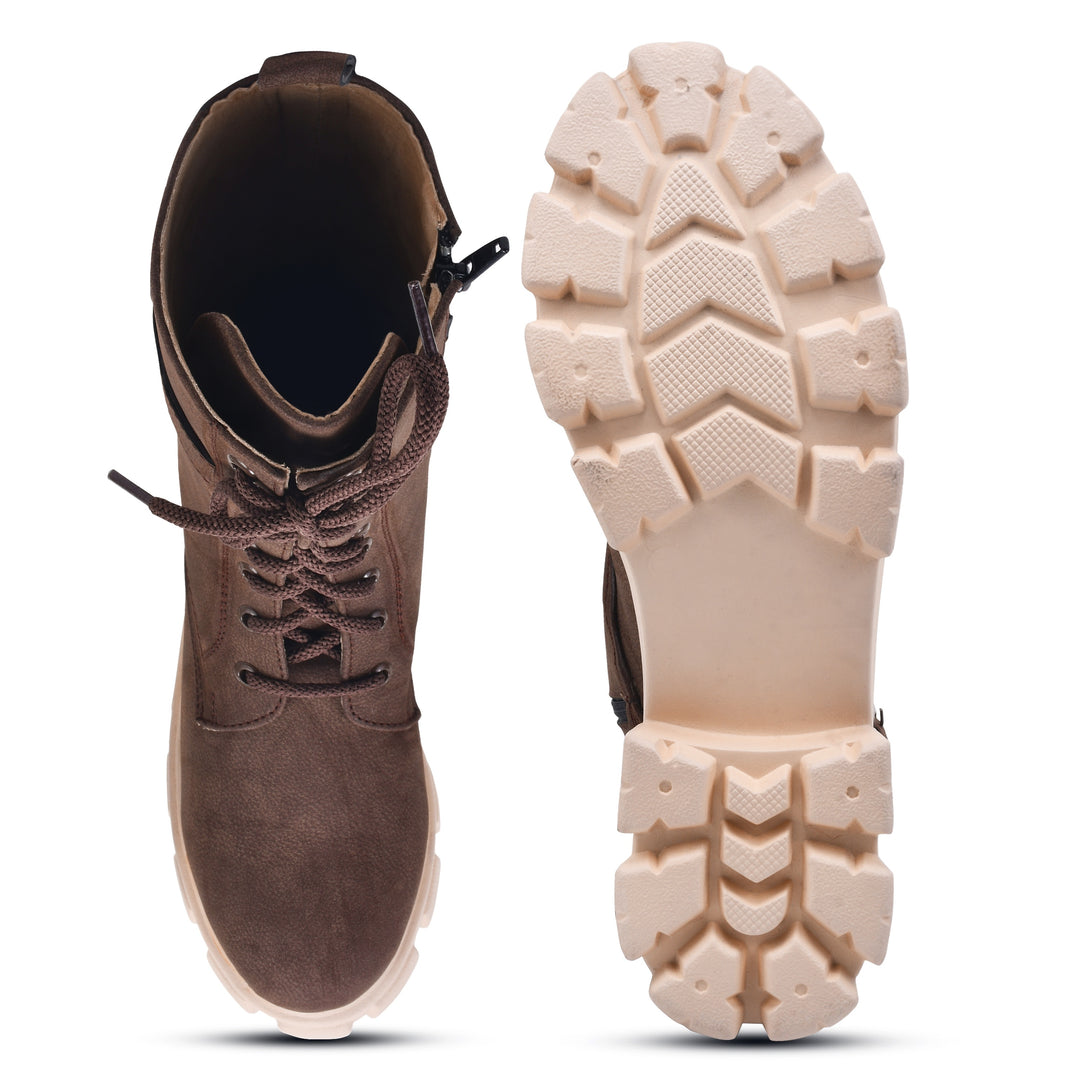 Padchin Womens Block Heel Beige Boot With Chunky Lug Sole and Decorative Side Buckle Style